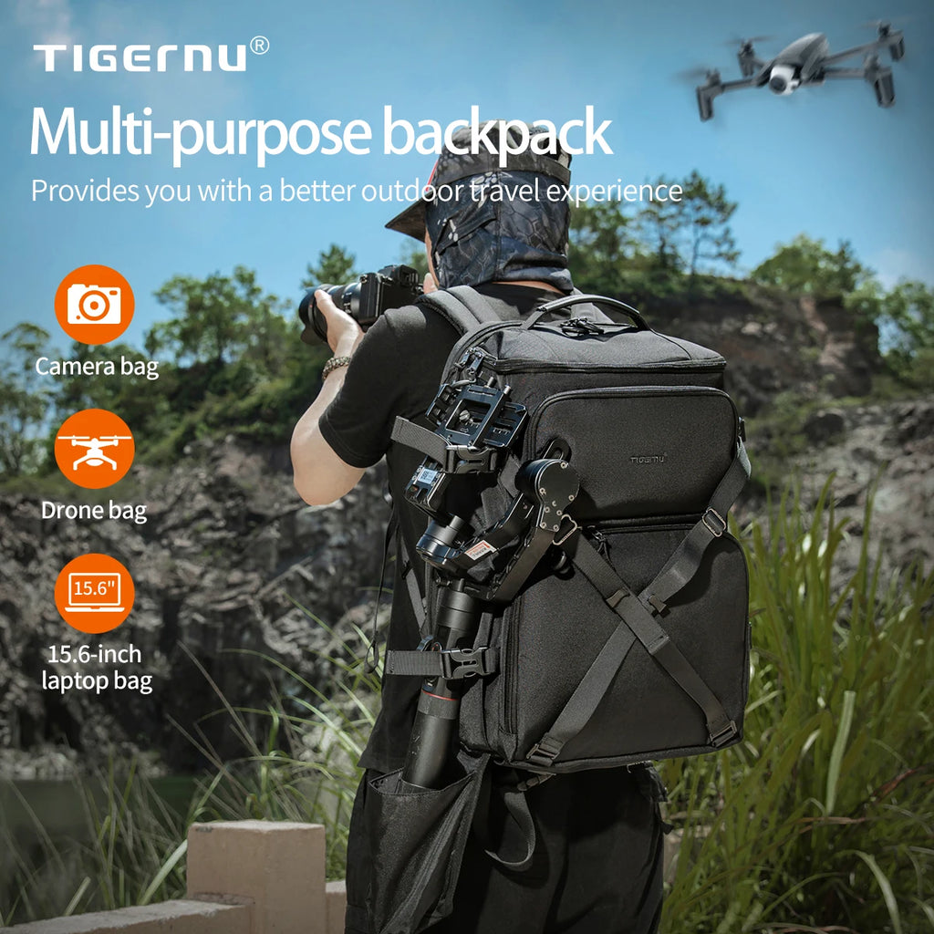 Tigernu Camera & Drone Backpack – 24L Nylon, 15.6" Laptop, External Suspension, Rain Cover