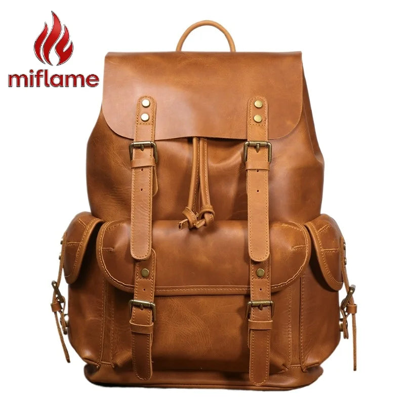 Miflame Handmade Genuine Cowhide Leather Backpack – Vintage, Retro, Laptop