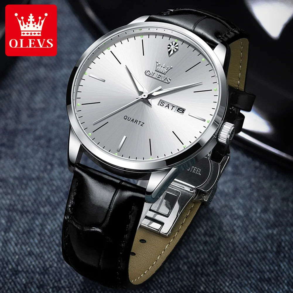 OLEVS Top Original Quartz Watches for Men Simplicity Dual Calendar Large Dial Leather Strap Waterproof Luminous Men's Wristwatch