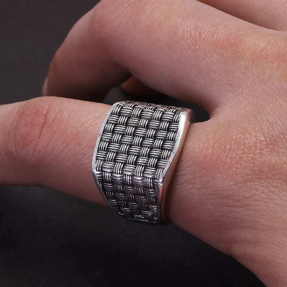 925 Sterling Silver Vintage Braided Square Statement Ring for Men Thai Silver Retro Cool Punk Fashion Jewelry Accessories