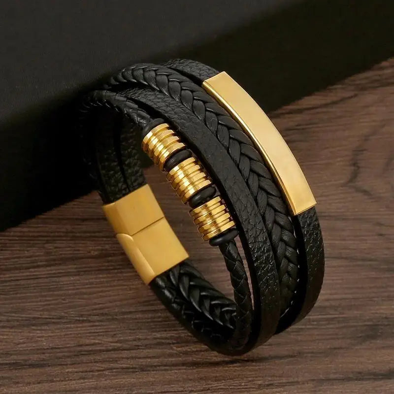 Men's Viking Multilayer Leather Bracelet – Stainless Steel Insert, Punk Bangle
