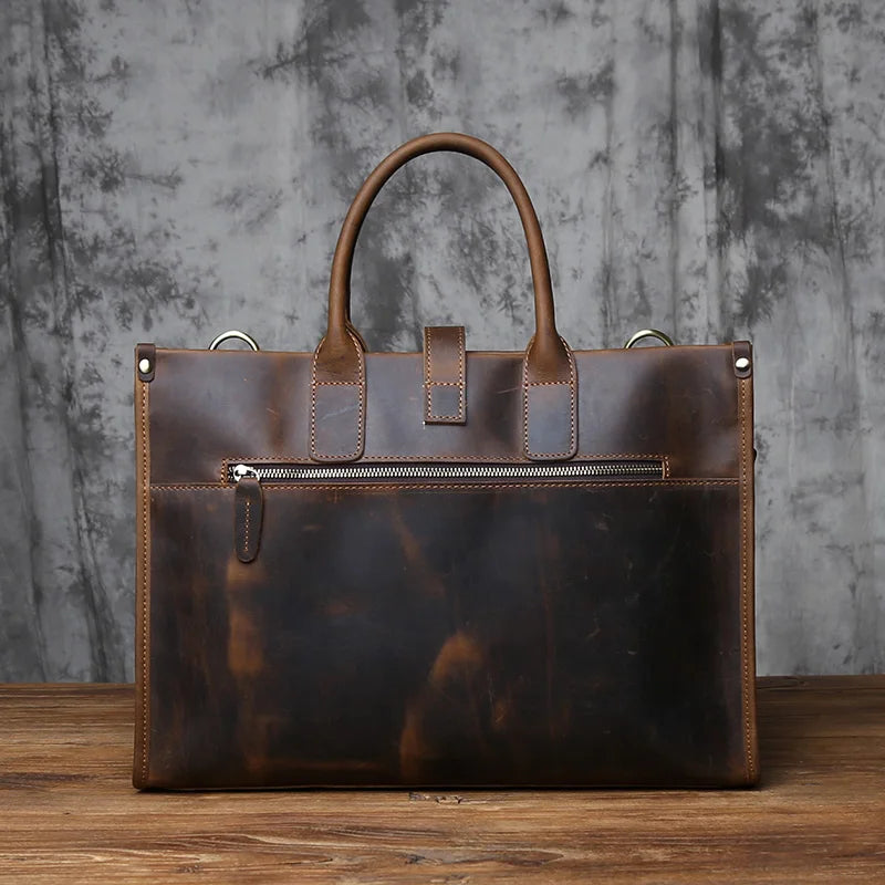 Men's Crazy Horse Leather Briefcase – Satchel Style, Embroidery Detail, 15" Laptop