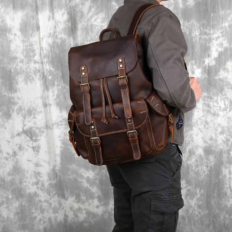 Men's Crazy Horse Leather Backpack – Flap Cover, Magnetic Buckle, Leather-Lined Straps