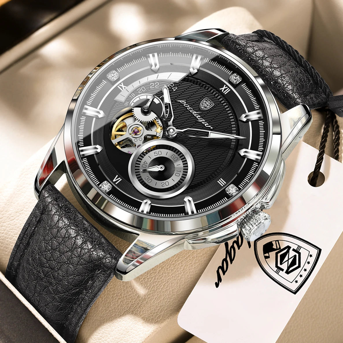 POEDAGAR High Quality Luxury Men Watch Fashion Hollow Tourbillon Man Clock Automatic Mechanical Leather Men's Watches Male Reloj