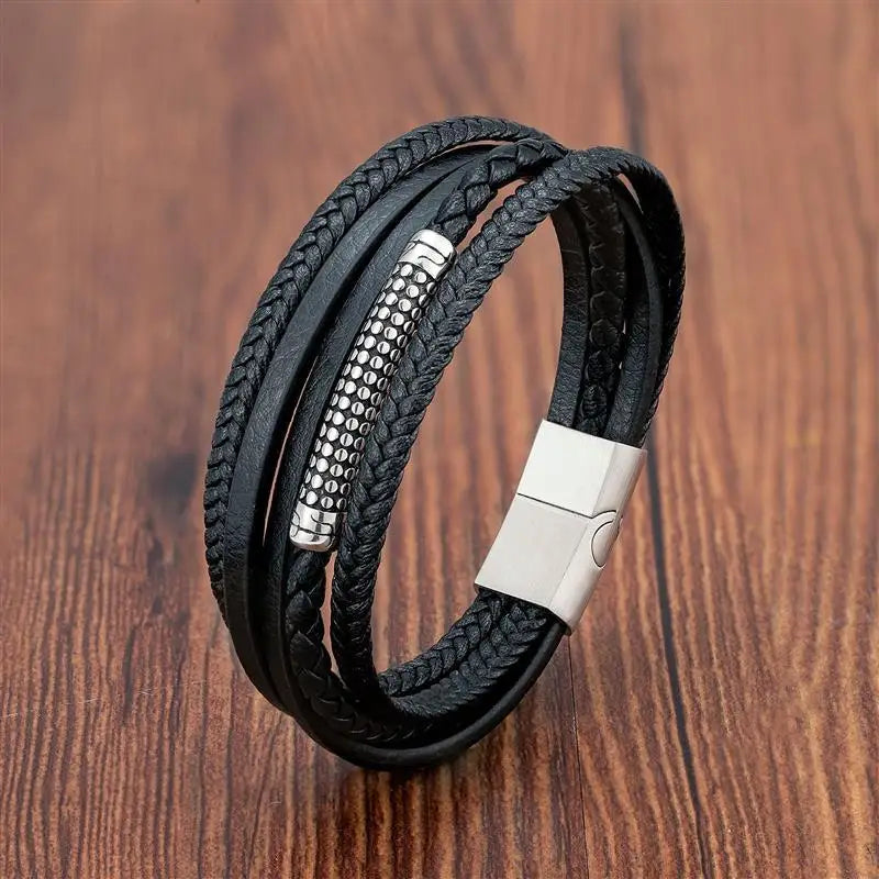 Men's Viking Multilayer Leather Bracelet – Stainless Steel Insert, Punk Bangle