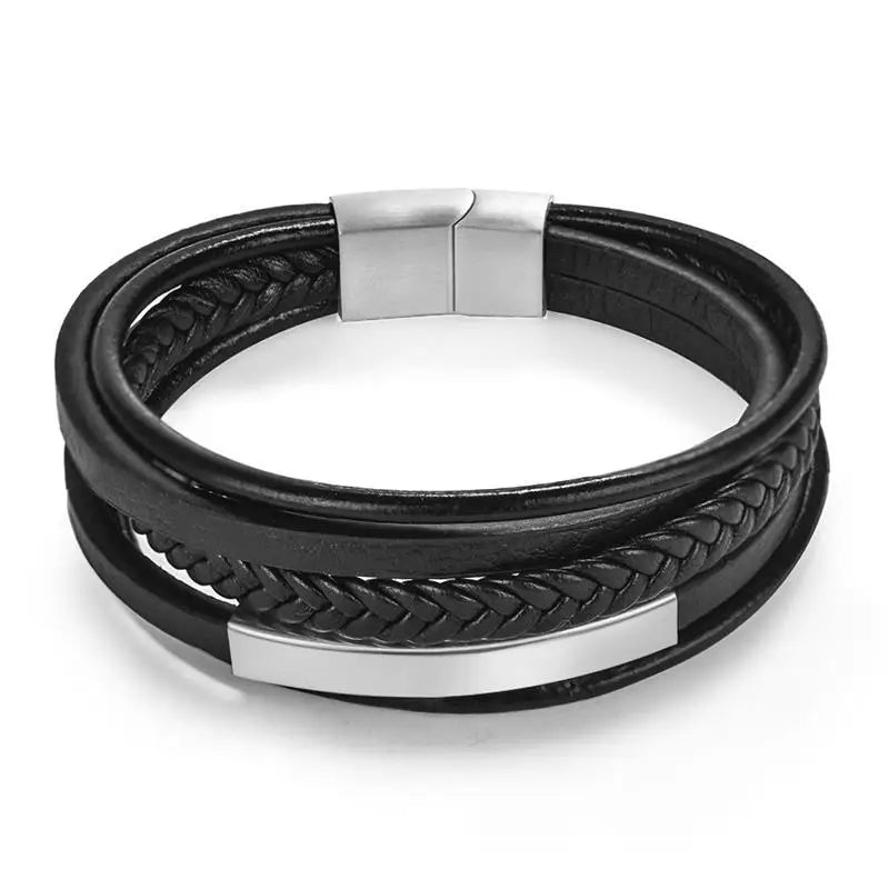 Men's Viking Multilayer Leather Bracelet – Stainless Steel Insert, Punk Bangle