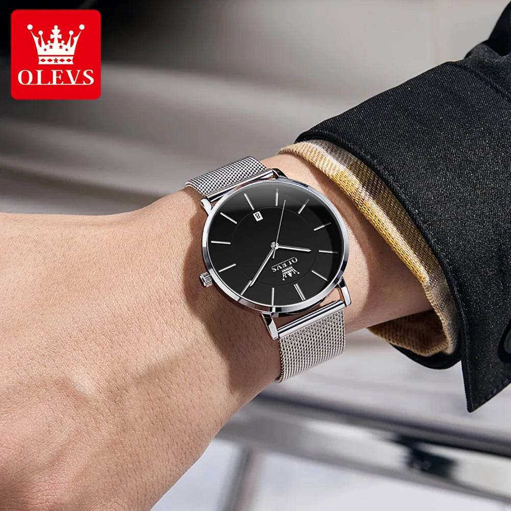 OLEVS Brand 5869 Ultra Thin 6.5mm Minimalist Fashion Quartz Watch for Men Mesh Steel Strap Auto Date Waterproof Men Wristwatches