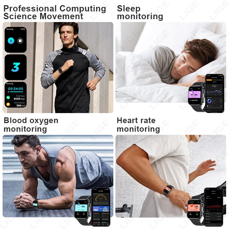 LIGE Smart Watch – 2.01" Display, IP68, Flashlight, 123 Sport Modes, Bluetooth Calling