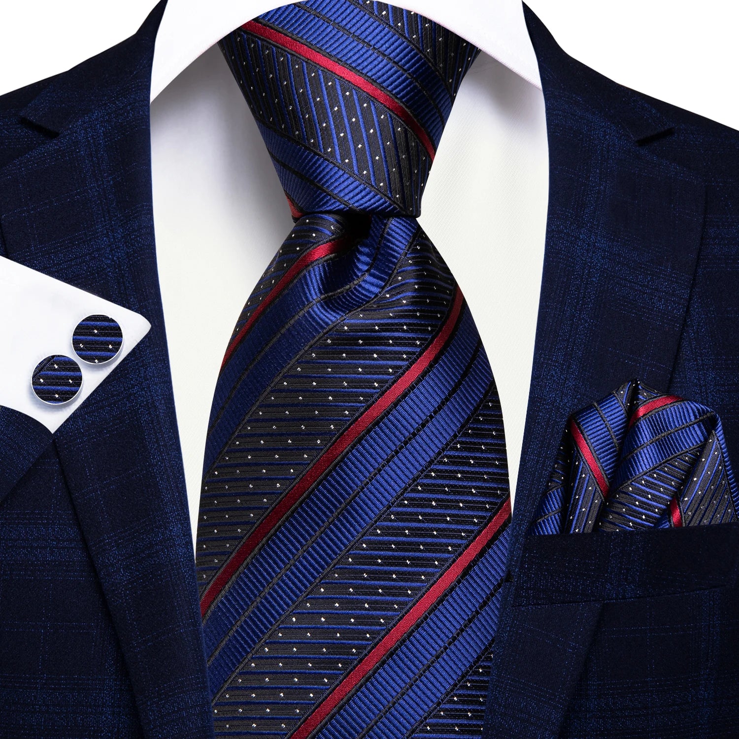 Hi-Tie Men's Striped Silk Necktie Set – Tie, Pocket Square & Cufflinks | Extra Long 170cm
