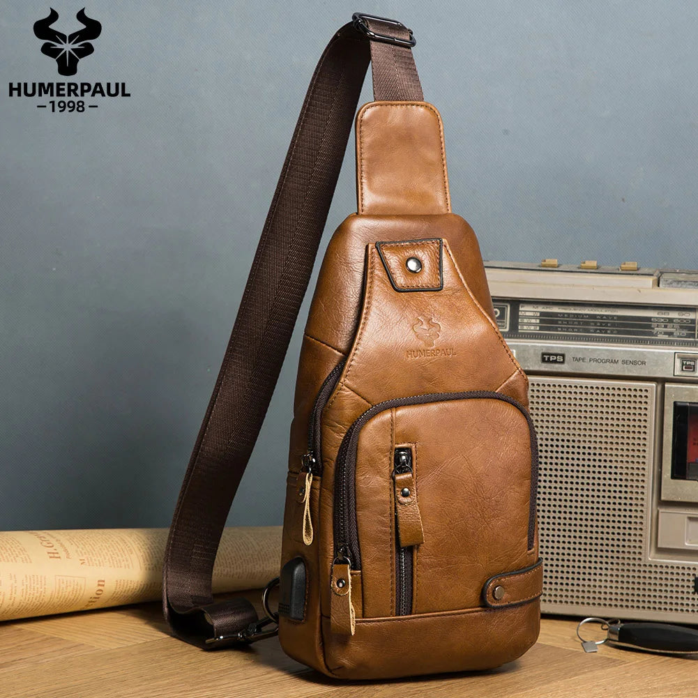 Genuine Leather Chest Bag for Men — USB Charging Crossbody & Shoulder Pack
