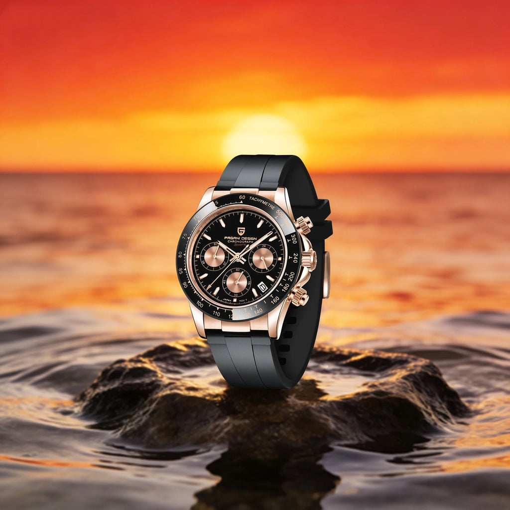 Pagani Design PD1664 Quartz Chronograph Watch – Sapphire Crystal, Rubber Strap, 100m Water Resistant