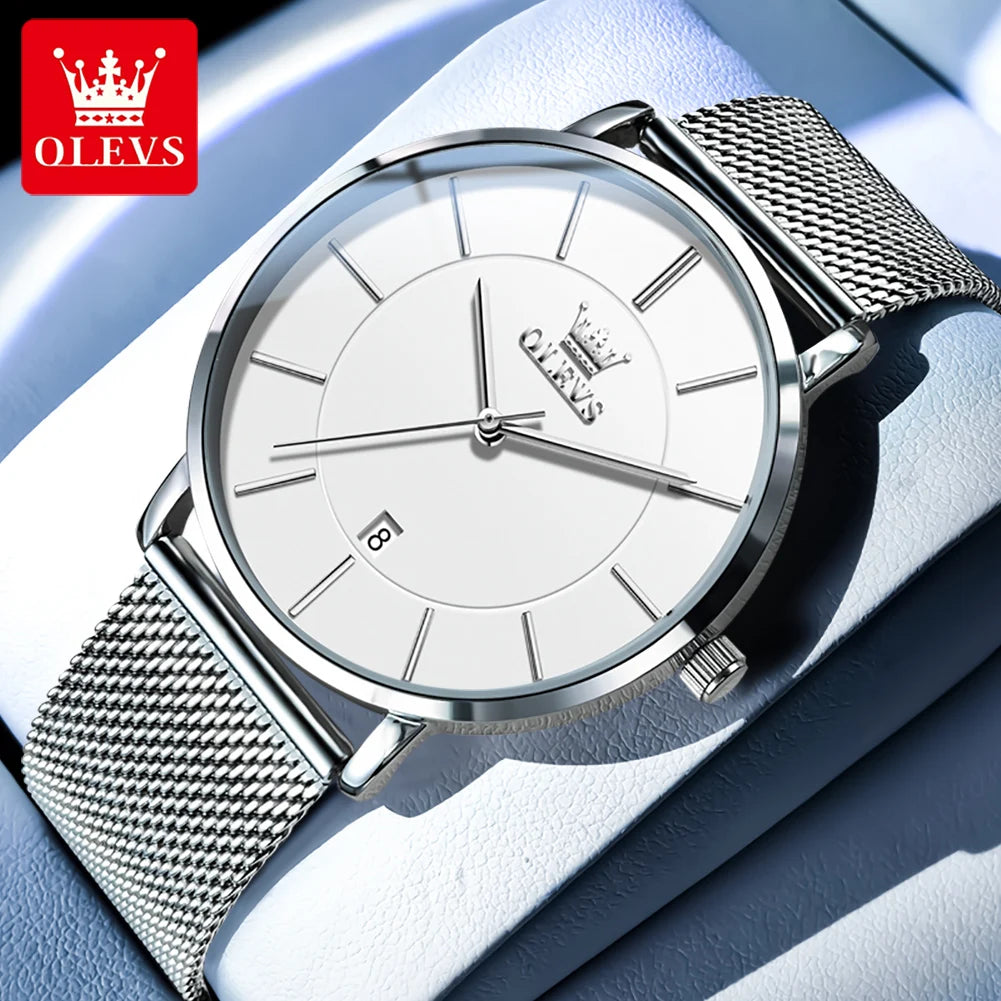OLEVS Brand 5869 Ultra Thin 6.5mm Minimalist Fashion Quartz Watch for Men Mesh Steel Strap Auto Date Waterproof Men Wristwatches
