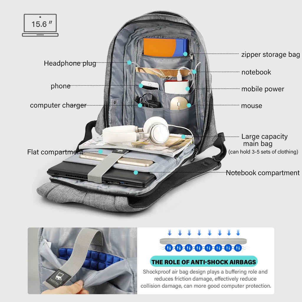 Tigernu Anti-Theft Backpack – 15.6" Laptop, USB Charging Port, Waterproof Oxford