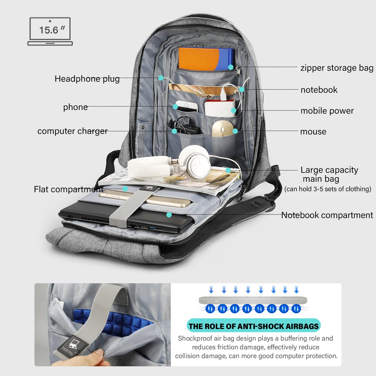 Tigernu Anti-Theft Backpack – 15.6" Laptop, USB Charging Port, Waterproof Oxford