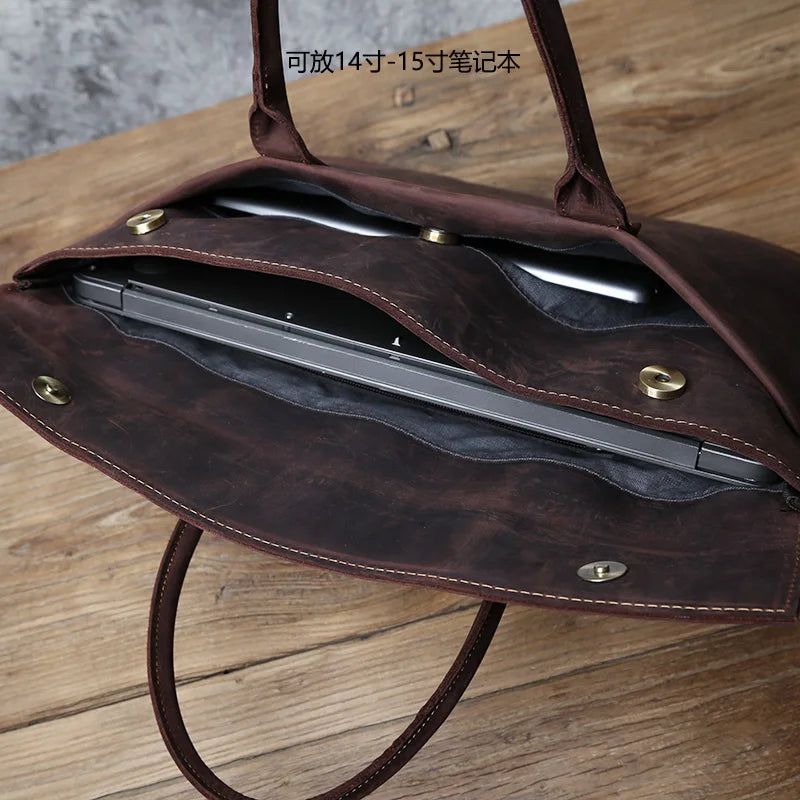 Men's Crazy Horse Leather Clutch Briefcase – Slim Cowhide, Two Sizes, 15" or 16" Laptop