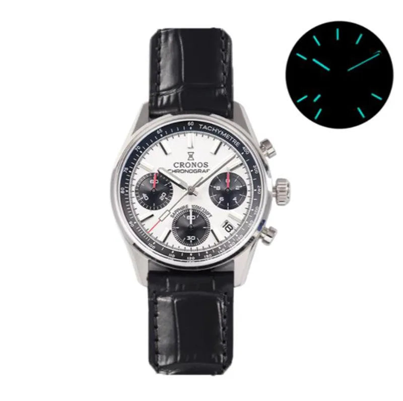 CRONOS Men Chronograph Watch 38.5mm Panda Quartz Wristwatch Sapphire Mirror 10Bar Waterproof BGW-9 Luminous Miyota 6S20