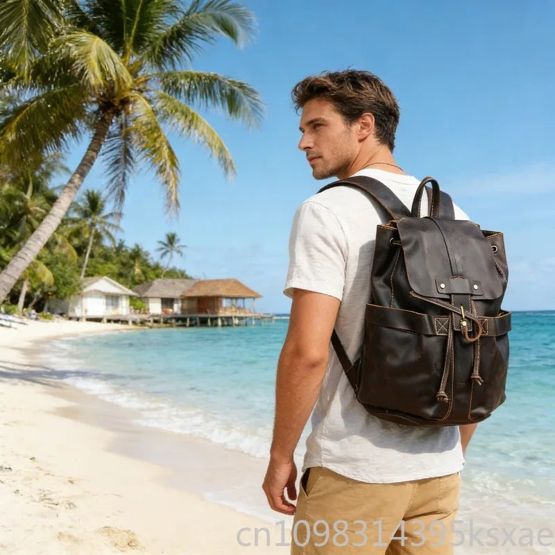Miflame Vintage Crazy Horse Leather Backpack – Top Grain, Large Capacity, Laptop
