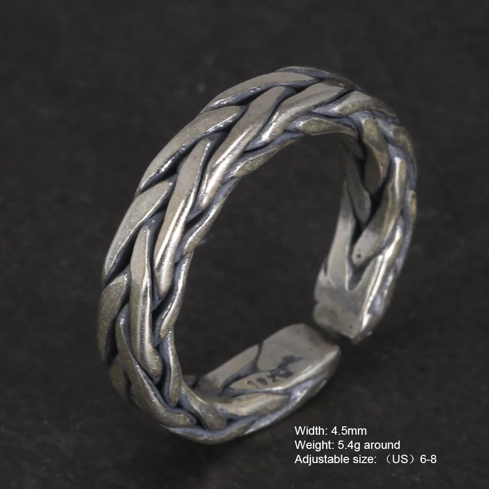 S925 Sterling Silver Braided Viking Ring — Adjustable Band