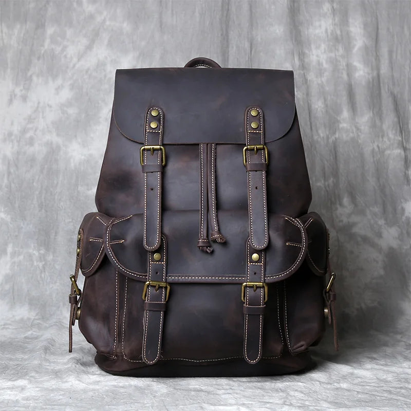 Men's Crazy Horse Leather Backpack – Flap Cover, Magnetic Buckle, Leather-Lined Straps