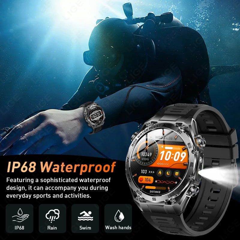LIGE Smart Watch – 1.53" Round, 1000mAh Battery, LED Flashlight, Bluetooth Calling, IP68