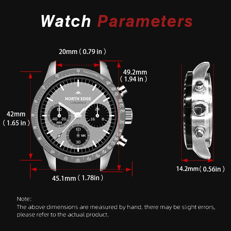 NORTH EDGE Longwings Solar Pilot Watch — Men's Chronograph, Stainless Steel, 50M Water Resistant