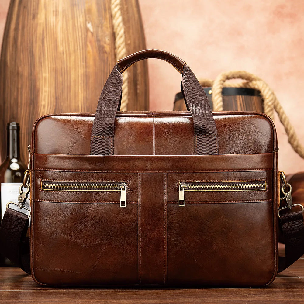 Top-Grain Cowhide Leather Briefcase | Business Laptop Bag with Shoulder Strap