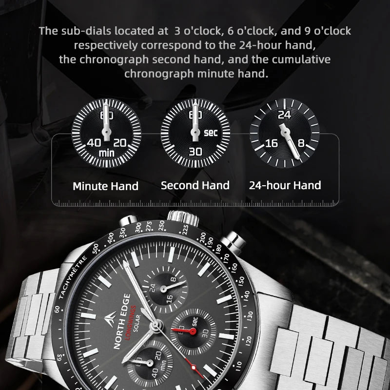 NORTH EDGE Longwings Solar Pilot Watch — Men's Chronograph, Stainless Steel, 50M Water Resistant