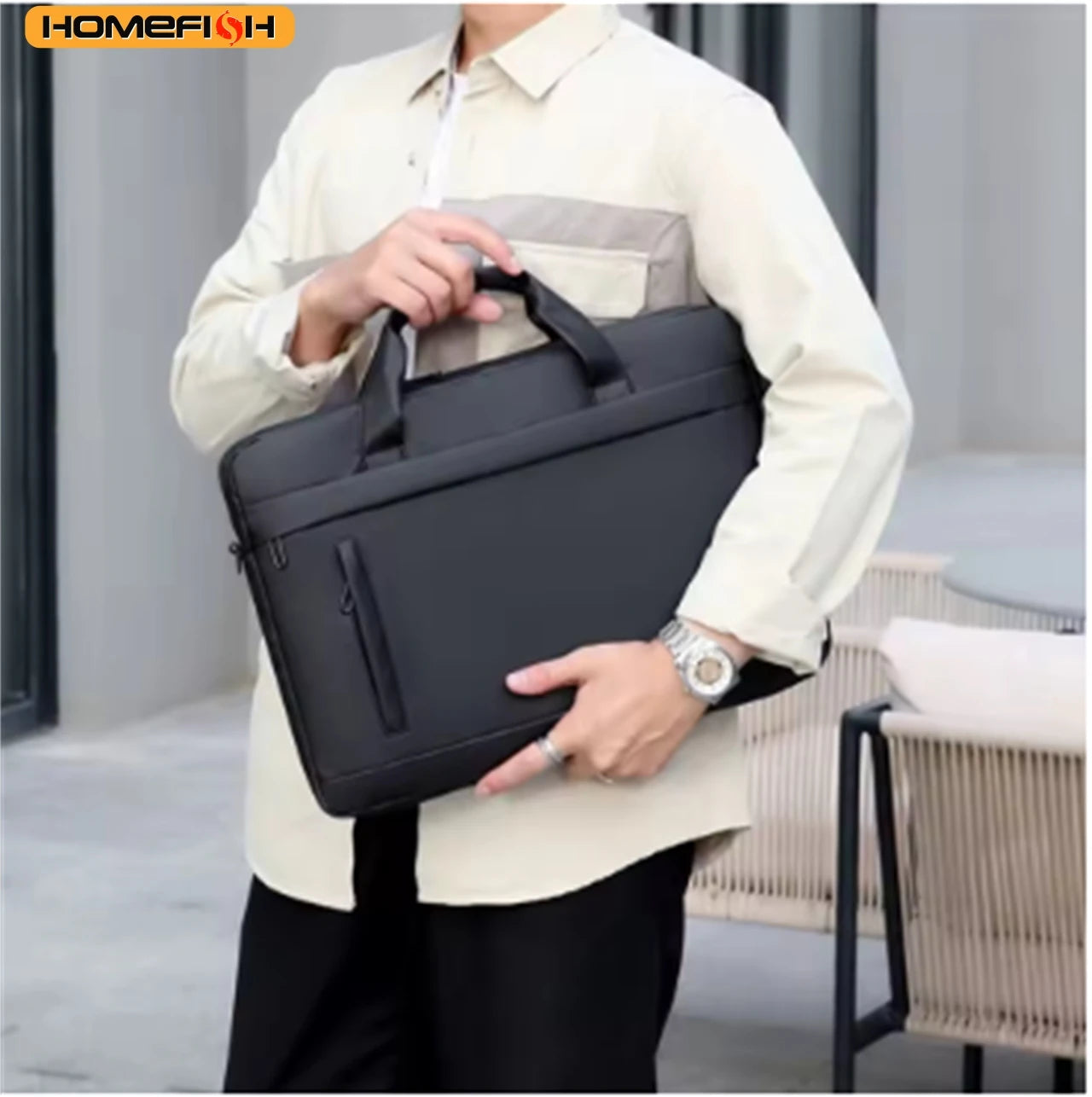 HOMEFISH 15-Inch Laptop Shoulder Bag, Waterproof Light Luxury Office Handbag, Men's Business Daily Messenger Bag