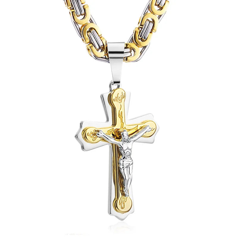 Men's Jesus Crucifix Pendant Necklace – Byzantine Chain, Stainless Steel, Catholic