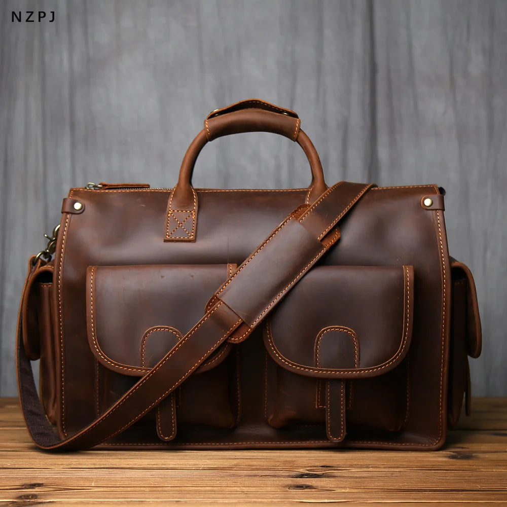 Men's Crazy Horse Leather Briefcase – Hard Structured Satchel, Rivet Detail, 16" Laptop
