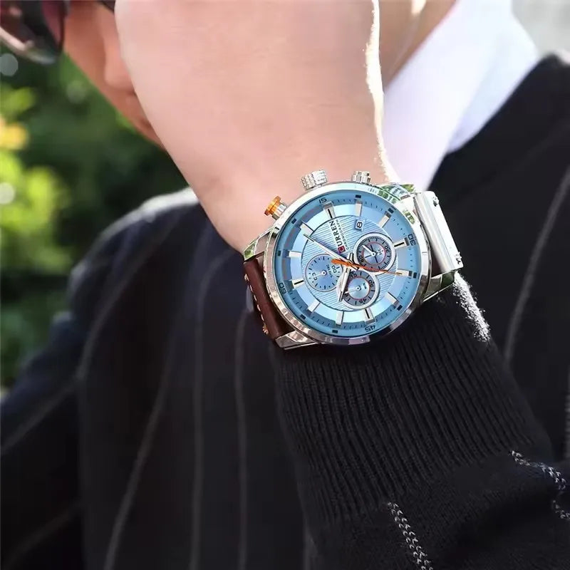 CURREN 8291 Chronograph Sport Watch | Quartz | Luminous | Leather Strap | Date