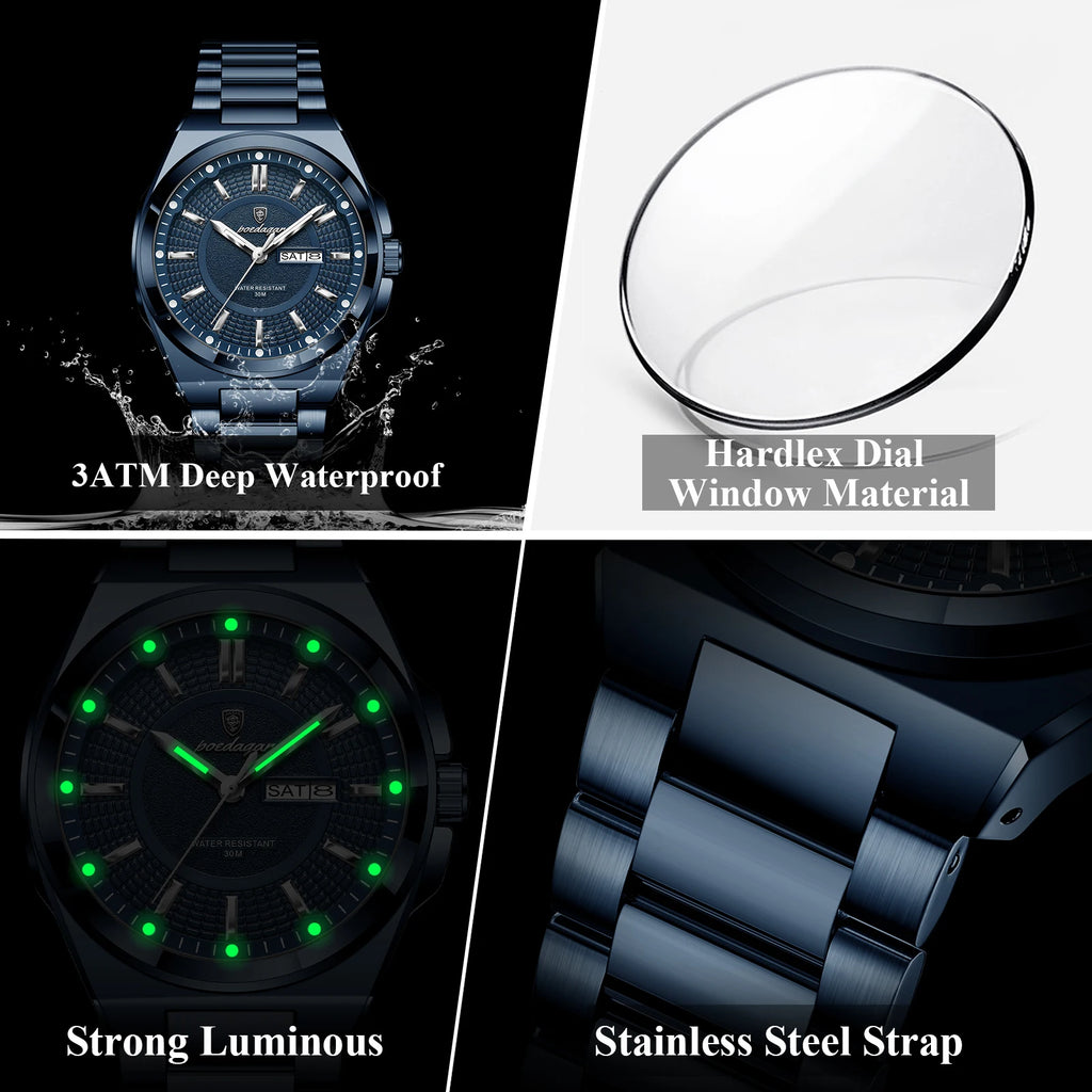 POEDAGAR Sport Original Men Clock Quartz Date Week Luxury Man Wristwatch Waterproof Luminous Stainless Steel Men's Watches Reloj