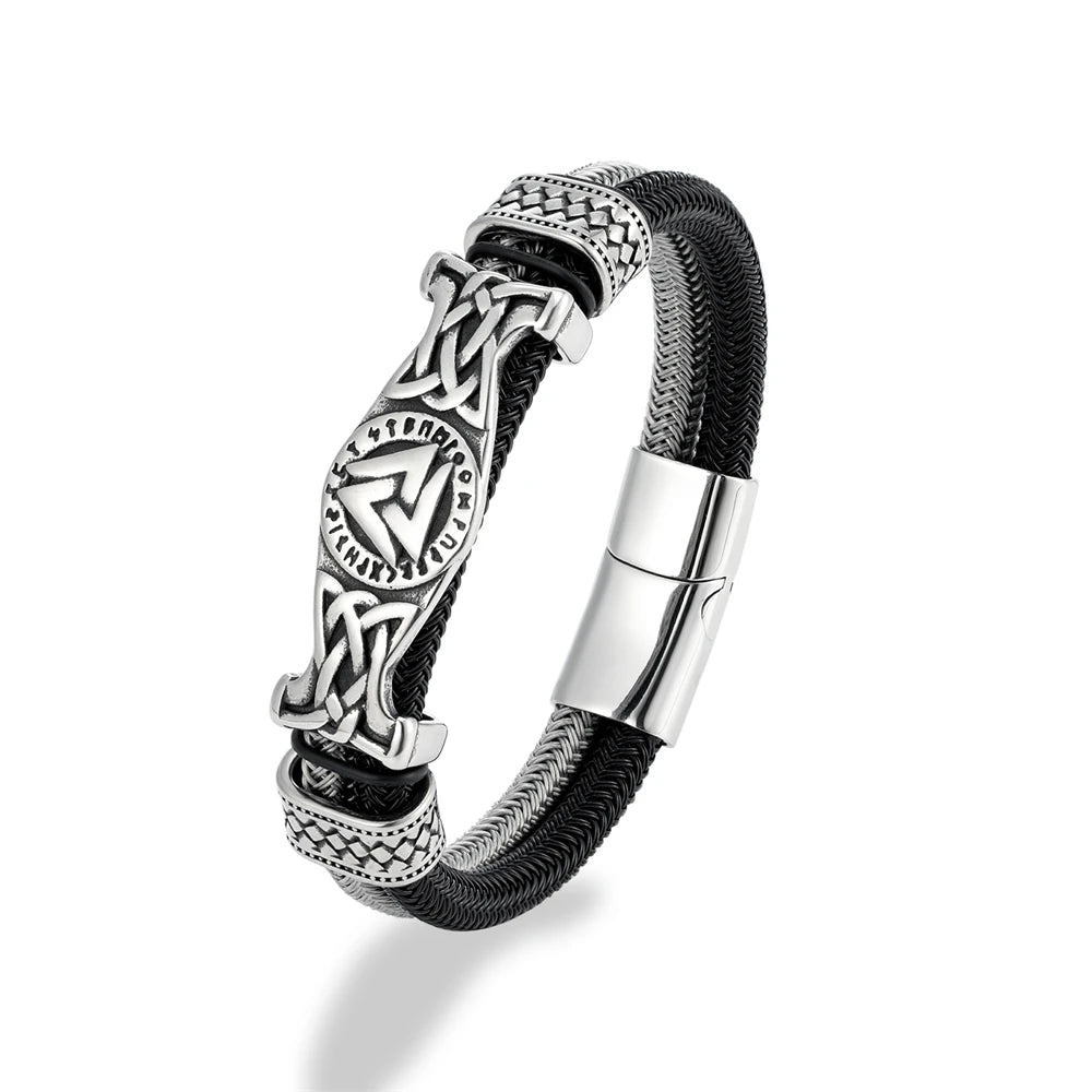 Stainless Steel Norse Runes Valknut Bracelets Men Unfading Double-Layer Wire Rope Bangle Charm Vikings Jewelry Luxury Male Gifts