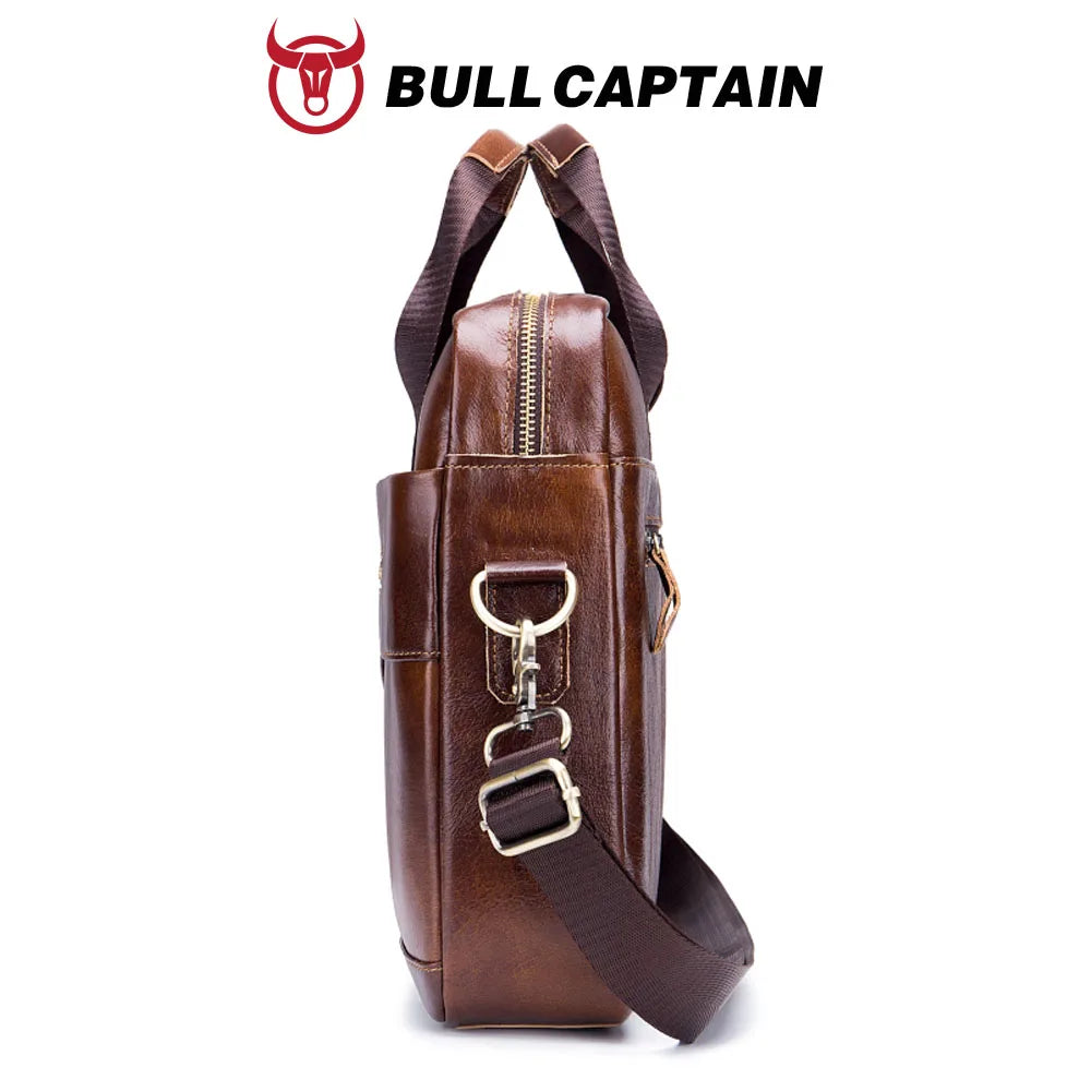 BULLCAPTAIN Genuine Leather Briefcase | 14" Laptop Shoulder & Messenger Bag