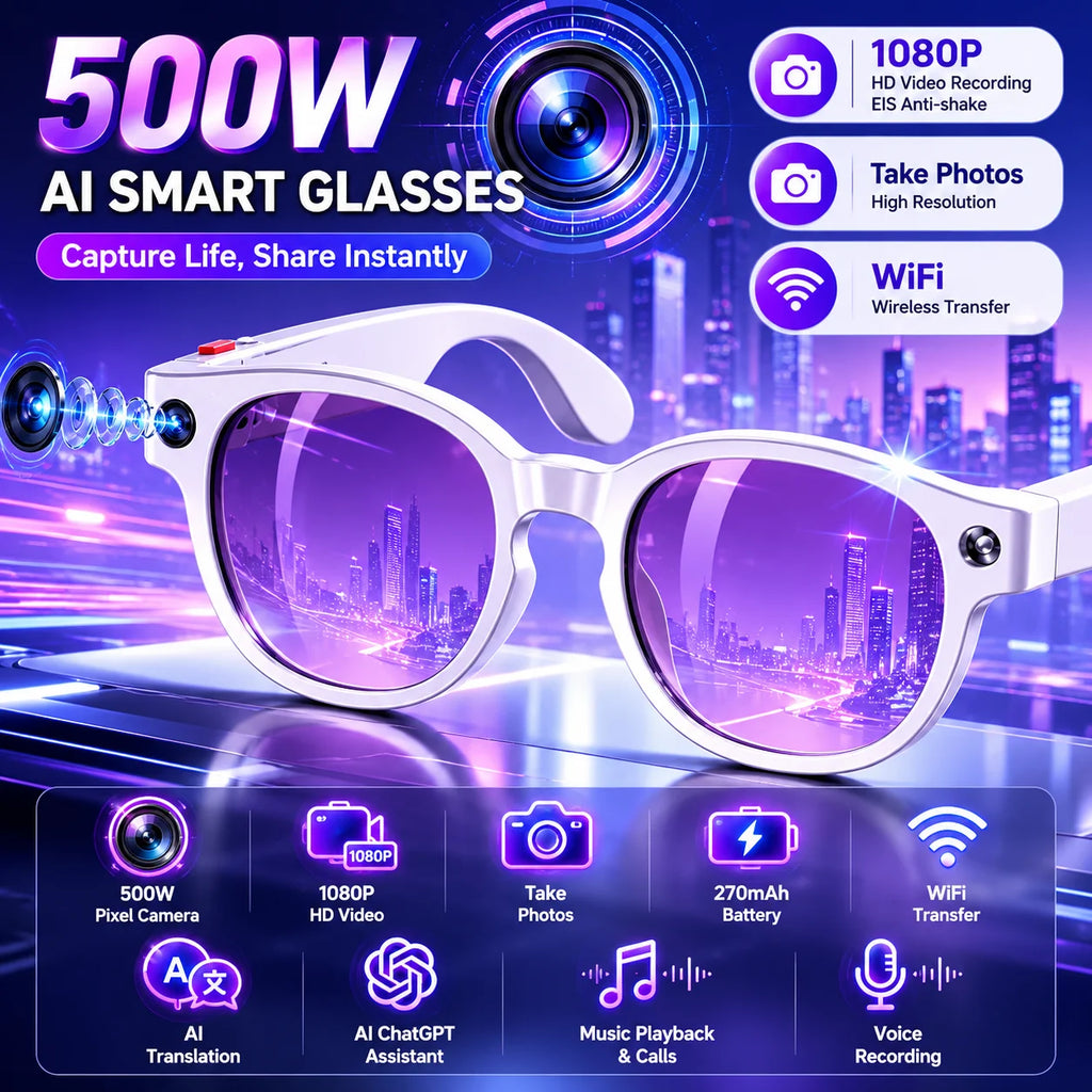LIGE AI Smart Glasses – 1080P Camera, ChatGPT, AI Translation, 3 Lens Pairs, Fast Charge