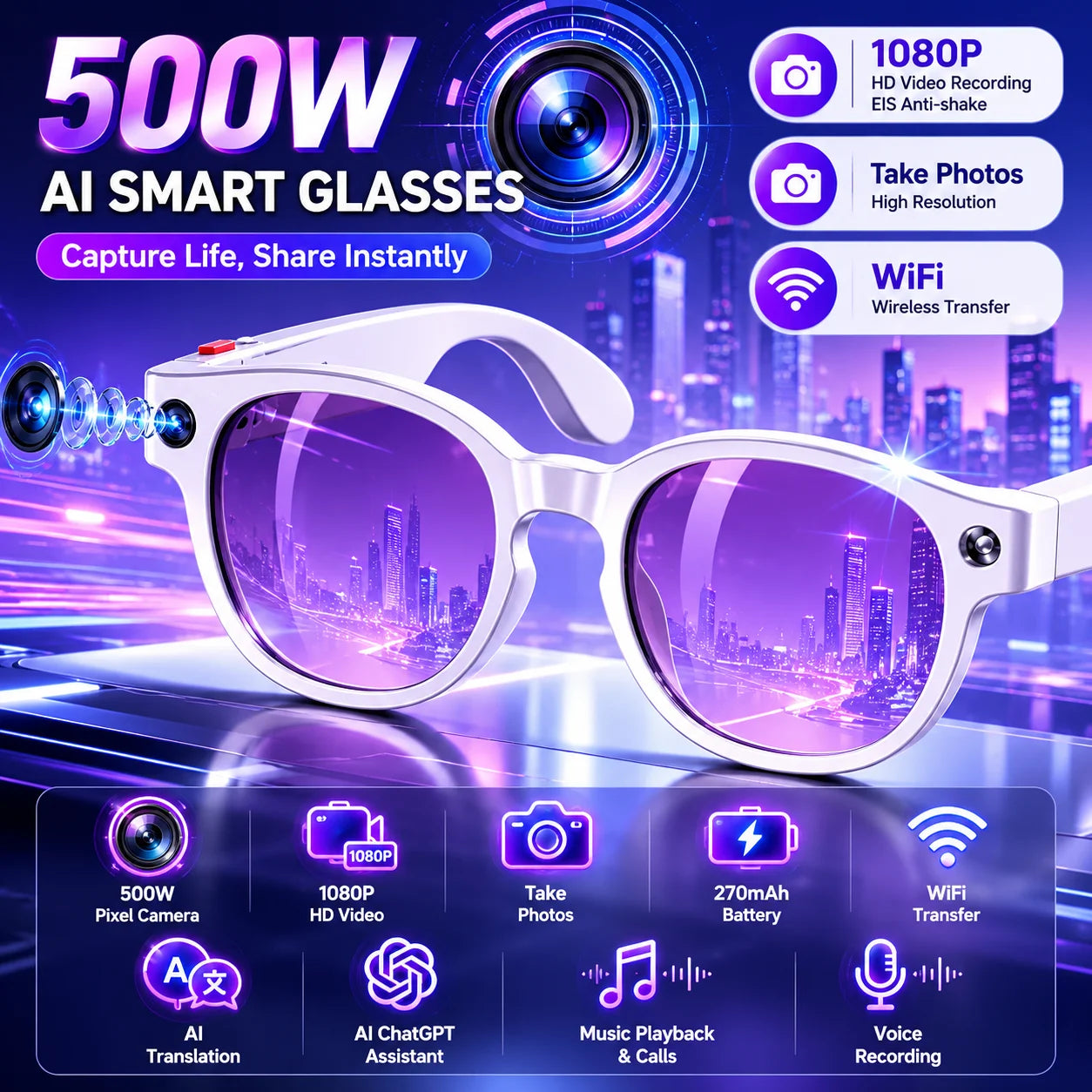 LIGE AI Smart Glasses – 1080P Camera, ChatGPT, AI Translation, 3 Lens Pairs, Fast Charge