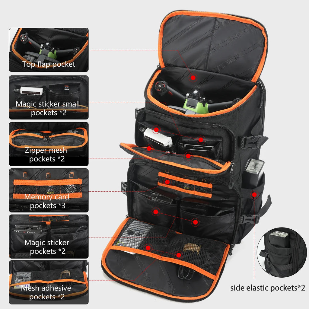 Tigernu Camera & Drone Backpack – 24L Nylon, 15.6" Laptop, External Suspension, Rain Cover