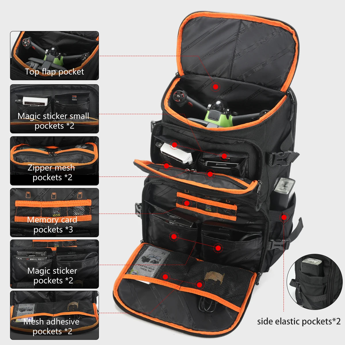 Tigernu Camera & Drone Backpack – 24L Nylon, 15.6" Laptop, External Suspension, Rain Cover