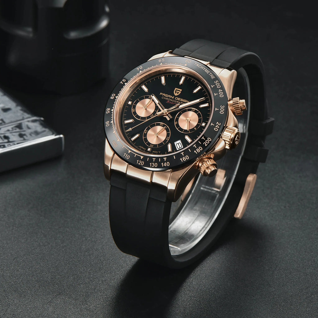 Pagani Design PD1664 Quartz Chronograph Watch – Sapphire Crystal, Rubber Strap, 100m Water Resistant