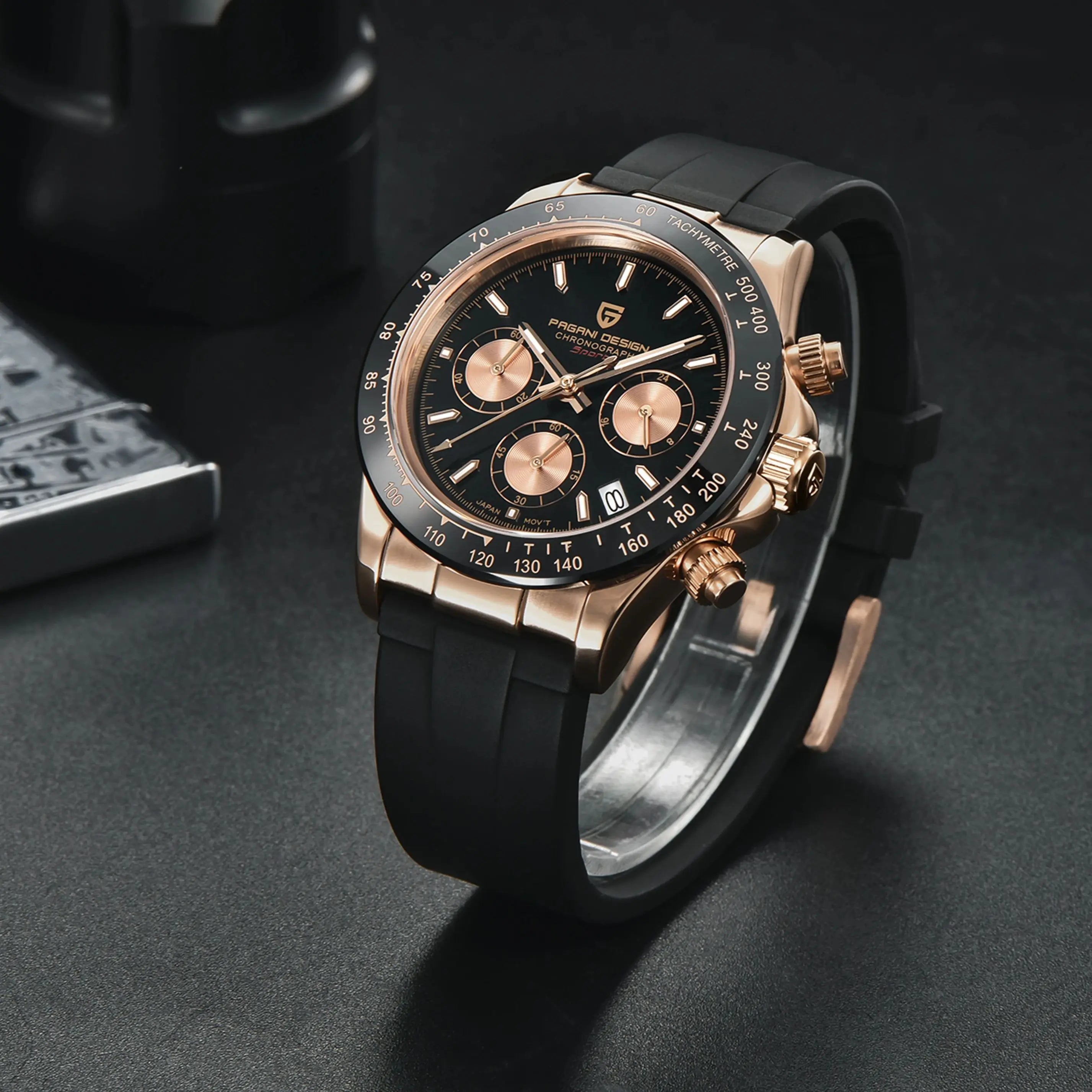 Pagani Design PD1664 Quartz Chronograph Watch – Sapphire Crystal, Rubber Strap, 100m Water Resistant