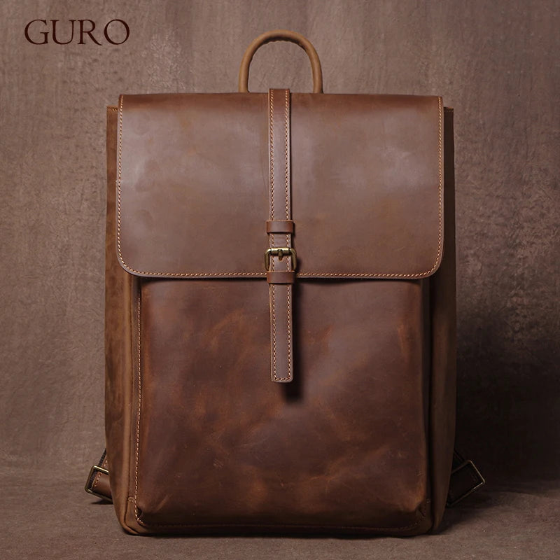 GURO Genuine Cowhide Leather Backpack – Retro Flap Style for Men & Women