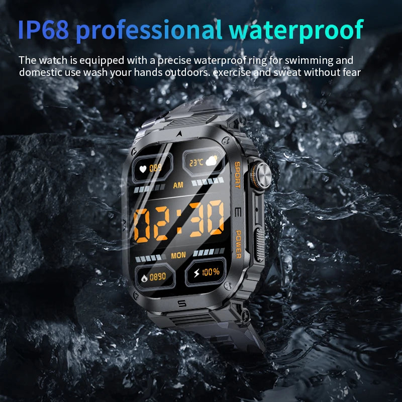 LIGE Military Smart Watch – 2.01" Display, Rugged IP68, 400mAh, Bluetooth Calling