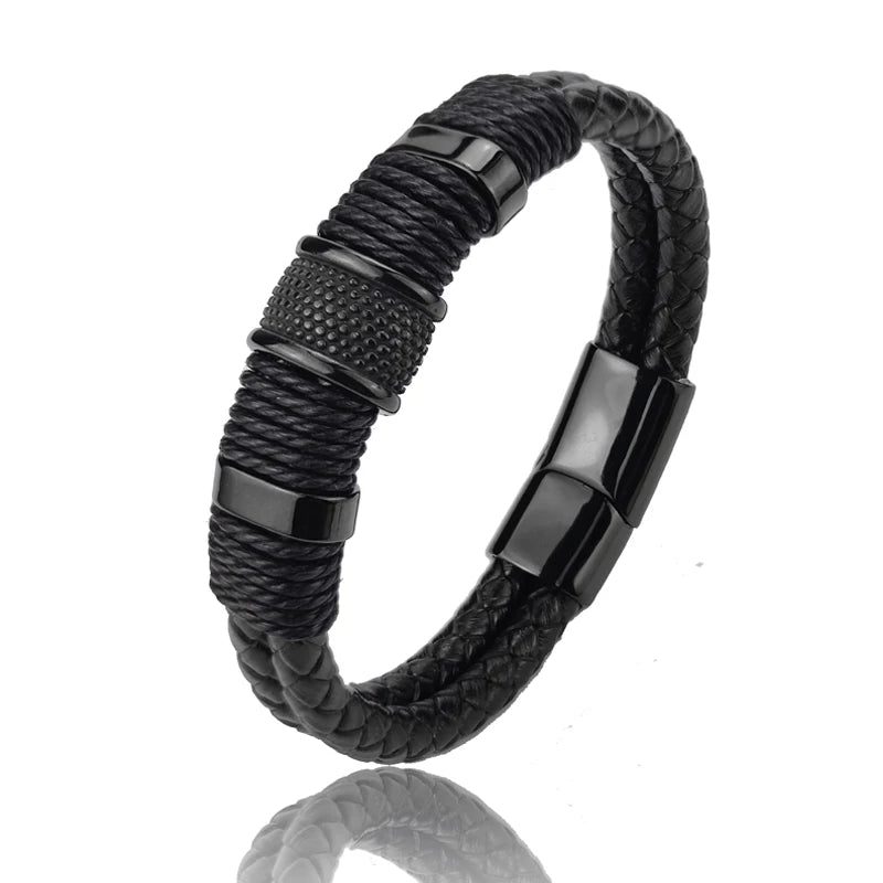 Men's Vintage Multilayer Leather Bead Bracelet – Stainless Steel Charm Bangle
