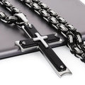 Cool Men's Black silvery Cross Pendant Long Byzantine Chain Necklace Christian Crucifix Necklace Religious Jewelry