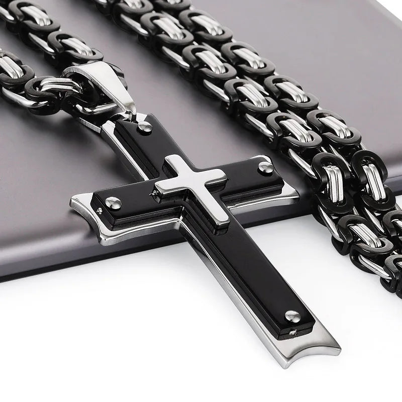 Cool Men's Black silvery Cross Pendant Long Byzantine Chain Necklace Christian Crucifix Necklace Religious Jewelry