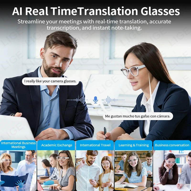 LIGE AI Smart Glasses – 1080P Camera, ChatGPT, AI Translation, 3 Lens Pairs, Fast Charge