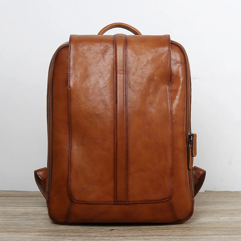 Men's Genuine Leather Backpack – Vintage Natural Cowhide, 15.6" Laptop & 13" Tablet, Handmade