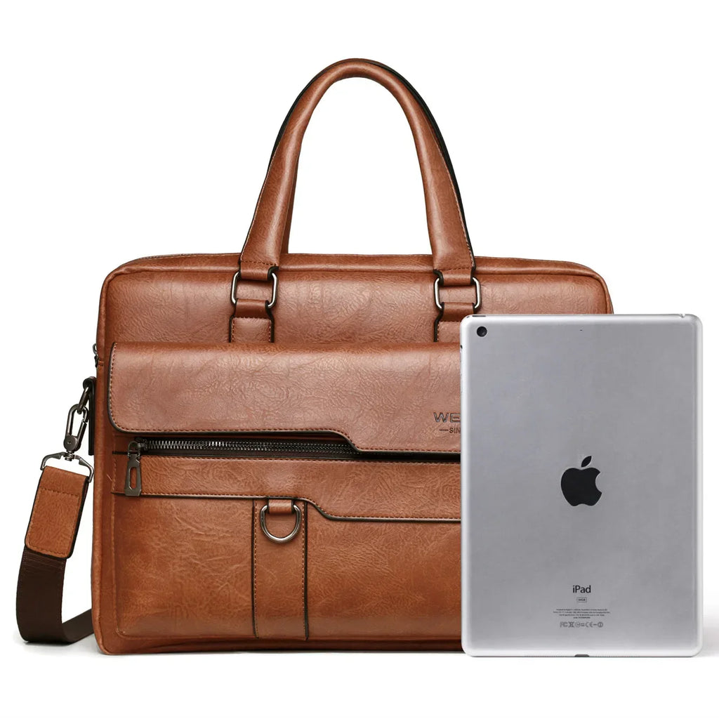 Men's PU Leather Briefcase | 14" Laptop Bag with Exterior Flap Pocket