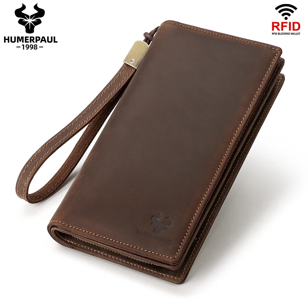 Genuine Leather Long Wallet for Men — RFID Blocking with Phone Pocket & Card Slots