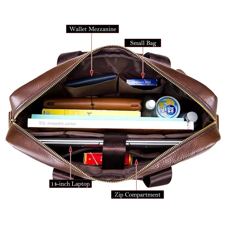 BULLCAPTAIN Genuine Leather Briefcase | 14" Laptop Bag with Detachable Shoulder Strap